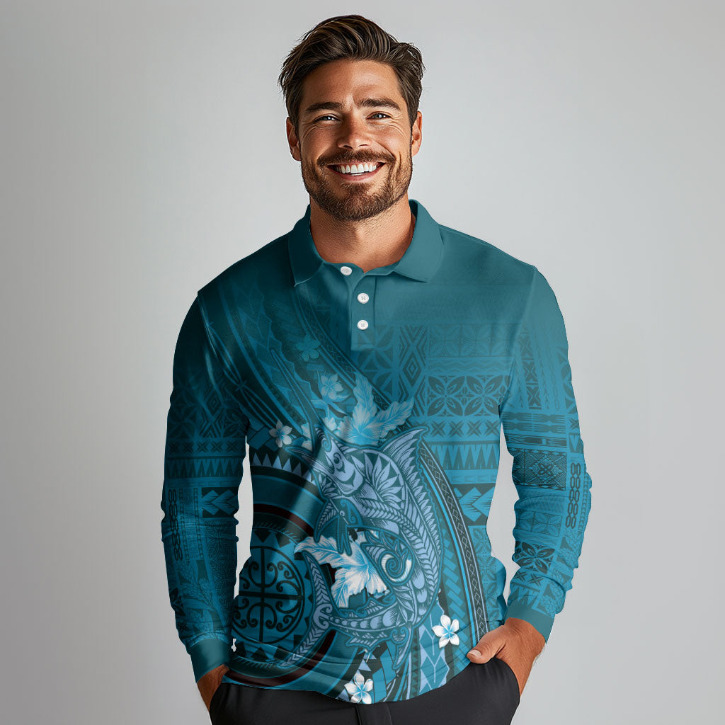 Samoa Tatau Marlin Long Sleeve Polo Shirt With Siapo Motifs Teal LT05 - Polynesian Pride