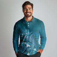 Samoa Tatau Marlin Long Sleeve Polo Shirt With Siapo Motifs Teal LT05 - Polynesian Pride