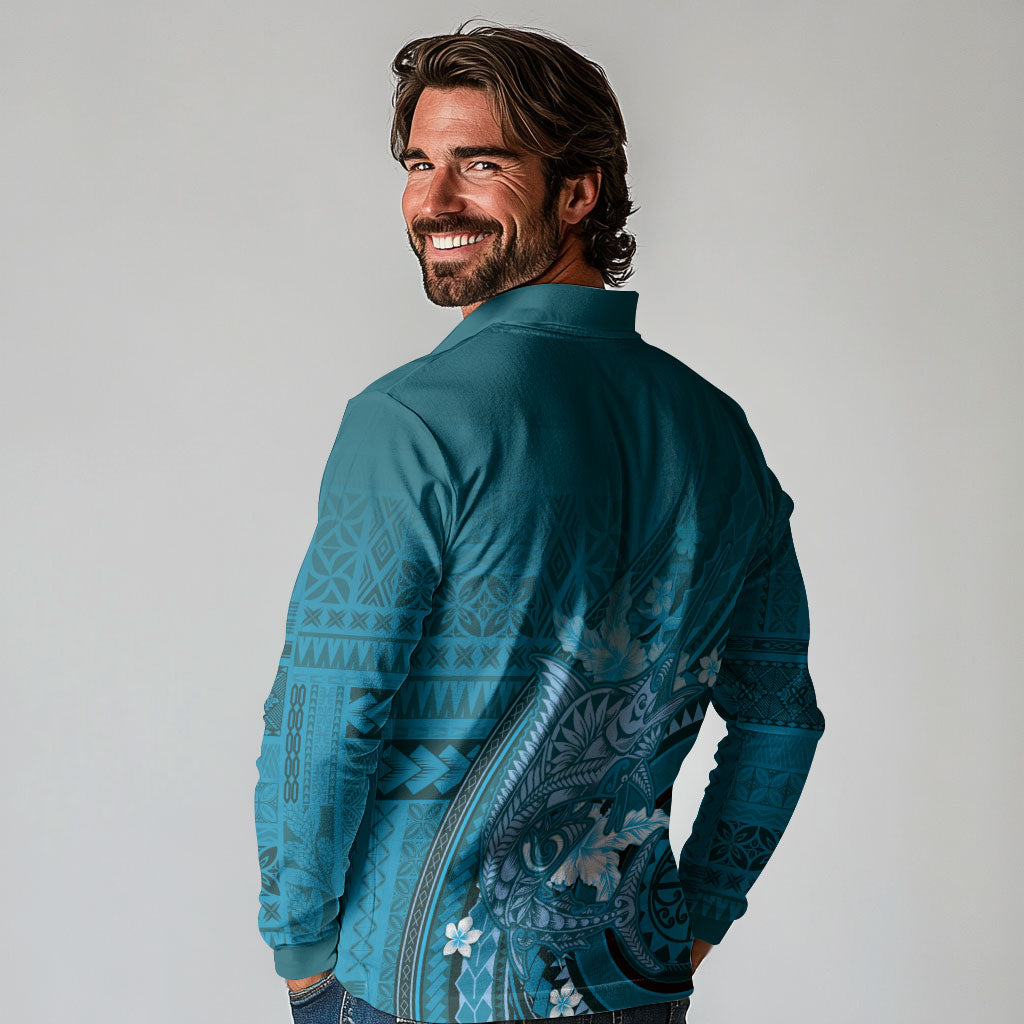 Samoa Tatau Marlin Long Sleeve Polo Shirt With Siapo Motifs Teal LT05 - Polynesian Pride