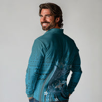 Samoa Tatau Marlin Long Sleeve Polo Shirt With Siapo Motifs Teal LT05 - Polynesian Pride