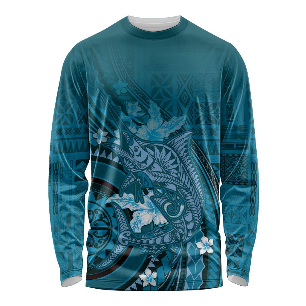 Samoa Tatau Marlin Long Sleeve Shirt With Siapo Motifs Teal LT05 Unisex Teal - Polynesian Pride