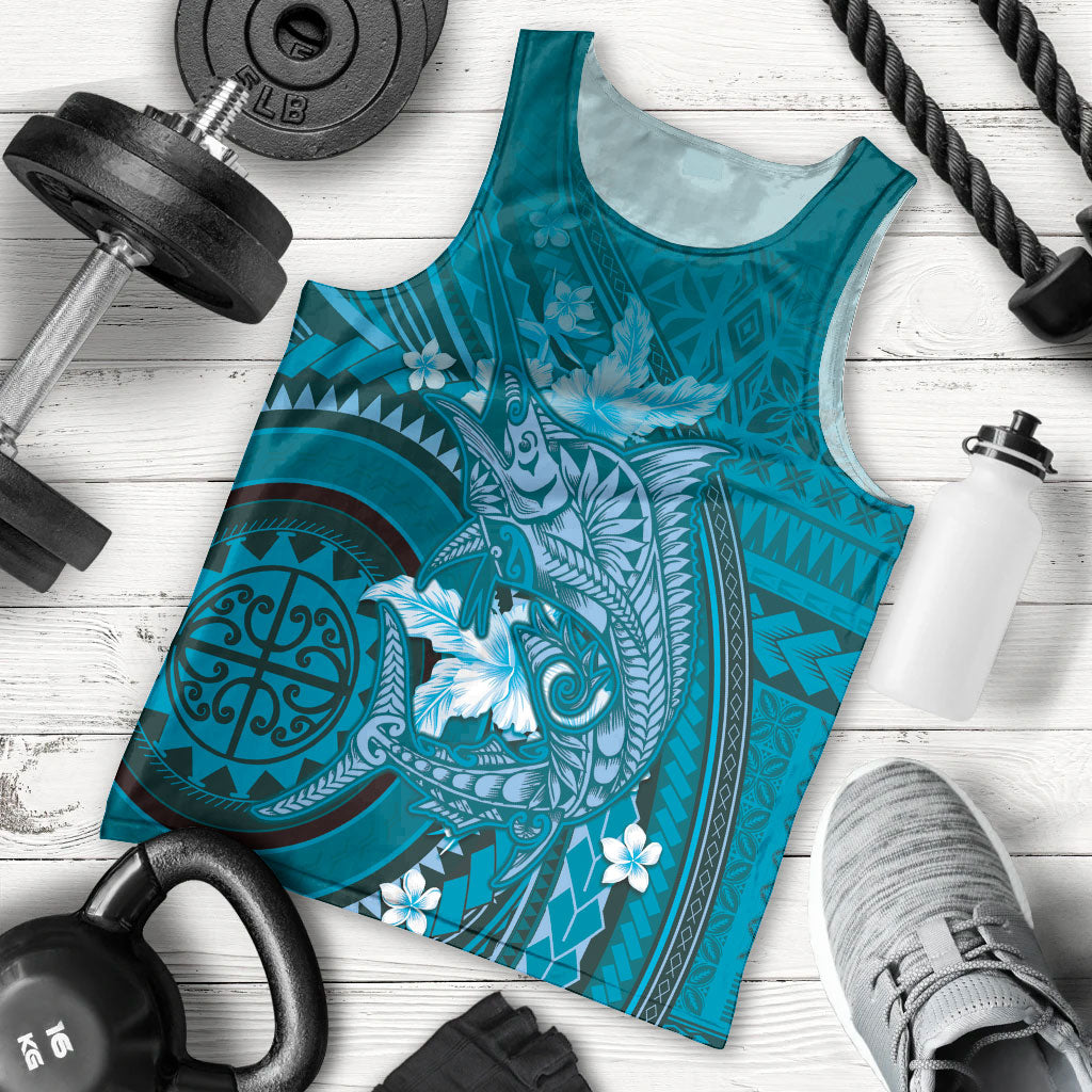 Samoa Tatau Marlin Men Tank Top With Siapo Motifs Teal LT05 - Polynesian Pride