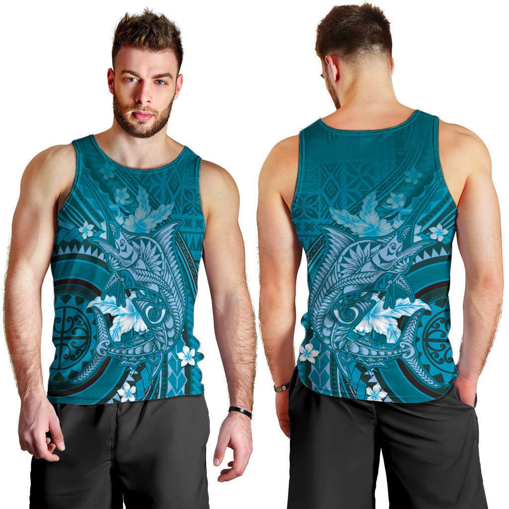 Samoa Tatau Marlin Men Tank Top With Siapo Motifs Teal LT05 - Polynesian Pride