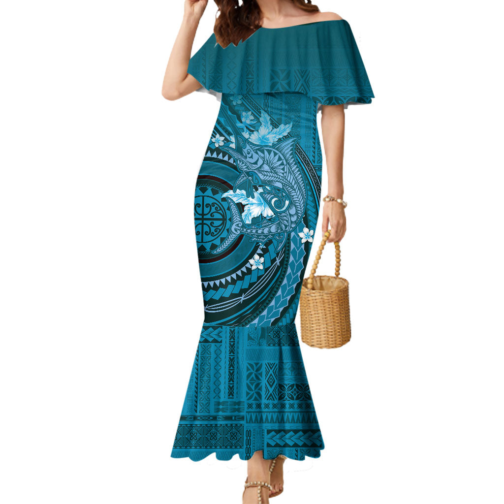 Samoa Tatau Marlin Mermaid Dress With Siapo Motifs Teal LT05 Women Teal - Polynesian Pride