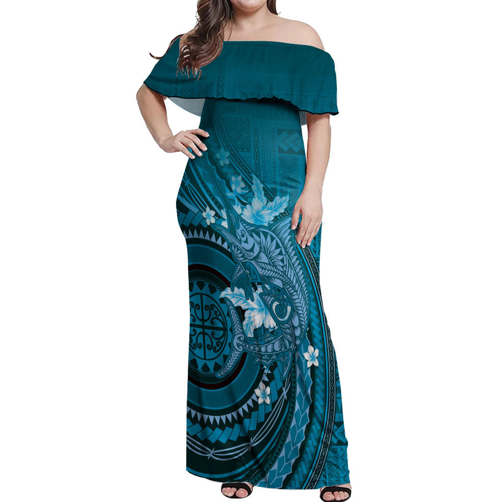 Samoa Tatau Marlin Off Shoulder Maxi Dress With Siapo Motifs Teal LT05 Women Teal - Polynesian Pride