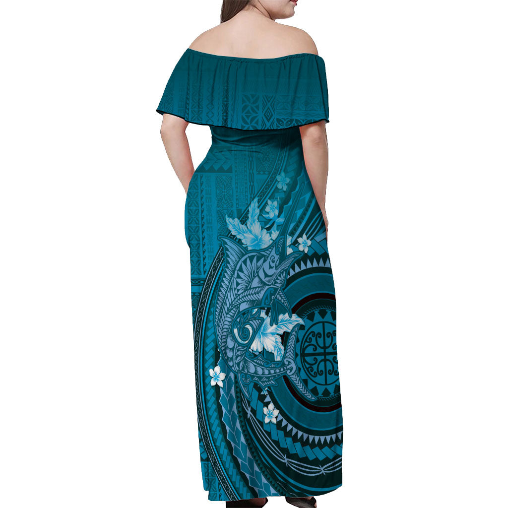 Samoa Tatau Marlin Off Shoulder Maxi Dress With Siapo Motifs Teal LT05 - Polynesian Pride