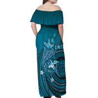 Samoa Tatau Marlin Off Shoulder Maxi Dress With Siapo Motifs Teal LT05 - Polynesian Pride