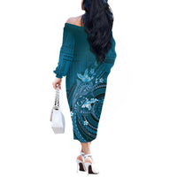 Samoa Tatau Marlin Off The Shoulder Long Sleeve Dress With Siapo Motifs Teal LT05 - Polynesian Pride
