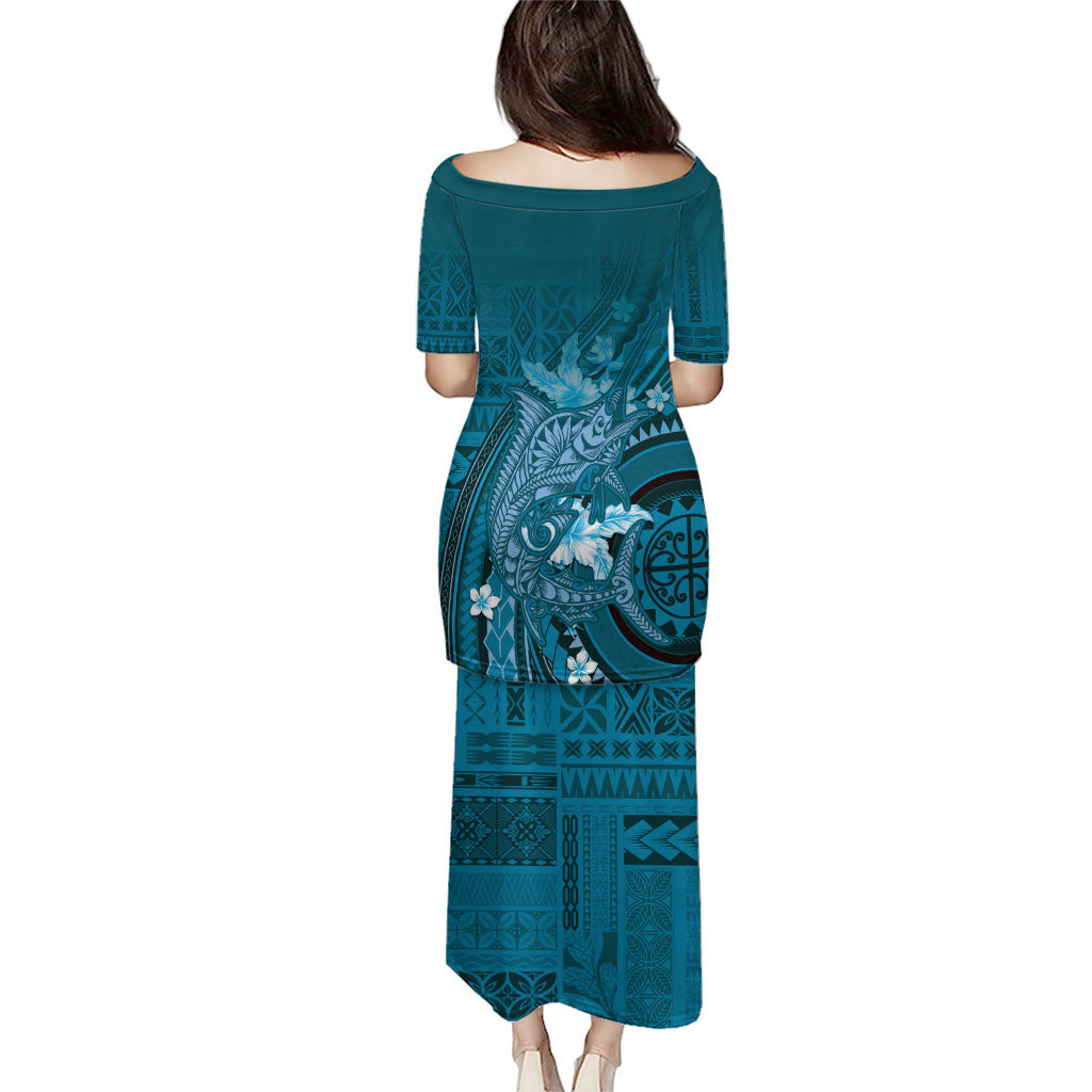 Samoa Tatau Marlin Puletasi With Siapo Motifs Teal LT05 - Polynesian Pride