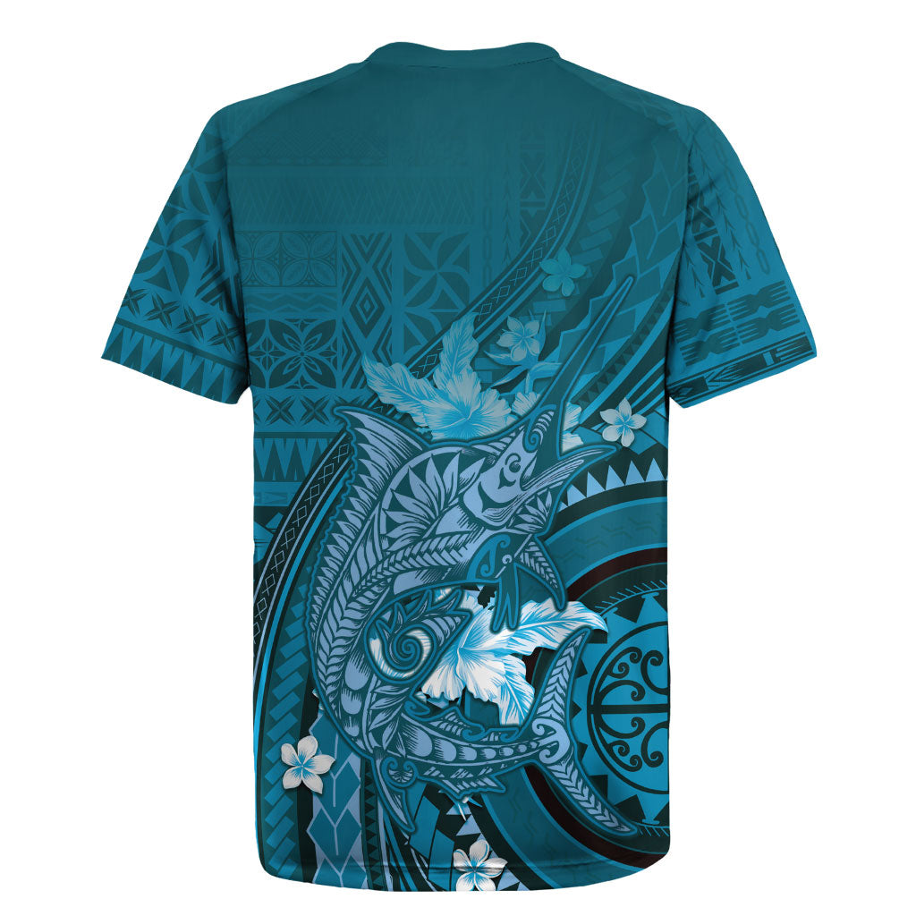 Samoa Tatau Marlin Rugby Jersey With Siapo Motifs Teal LT05 - Polynesian Pride