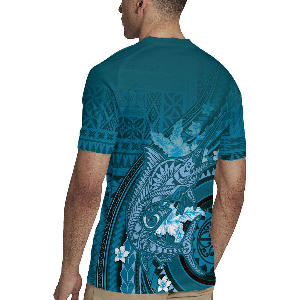 Samoa Tatau Marlin Rugby Jersey With Siapo Motifs Teal LT05 - Polynesian Pride
