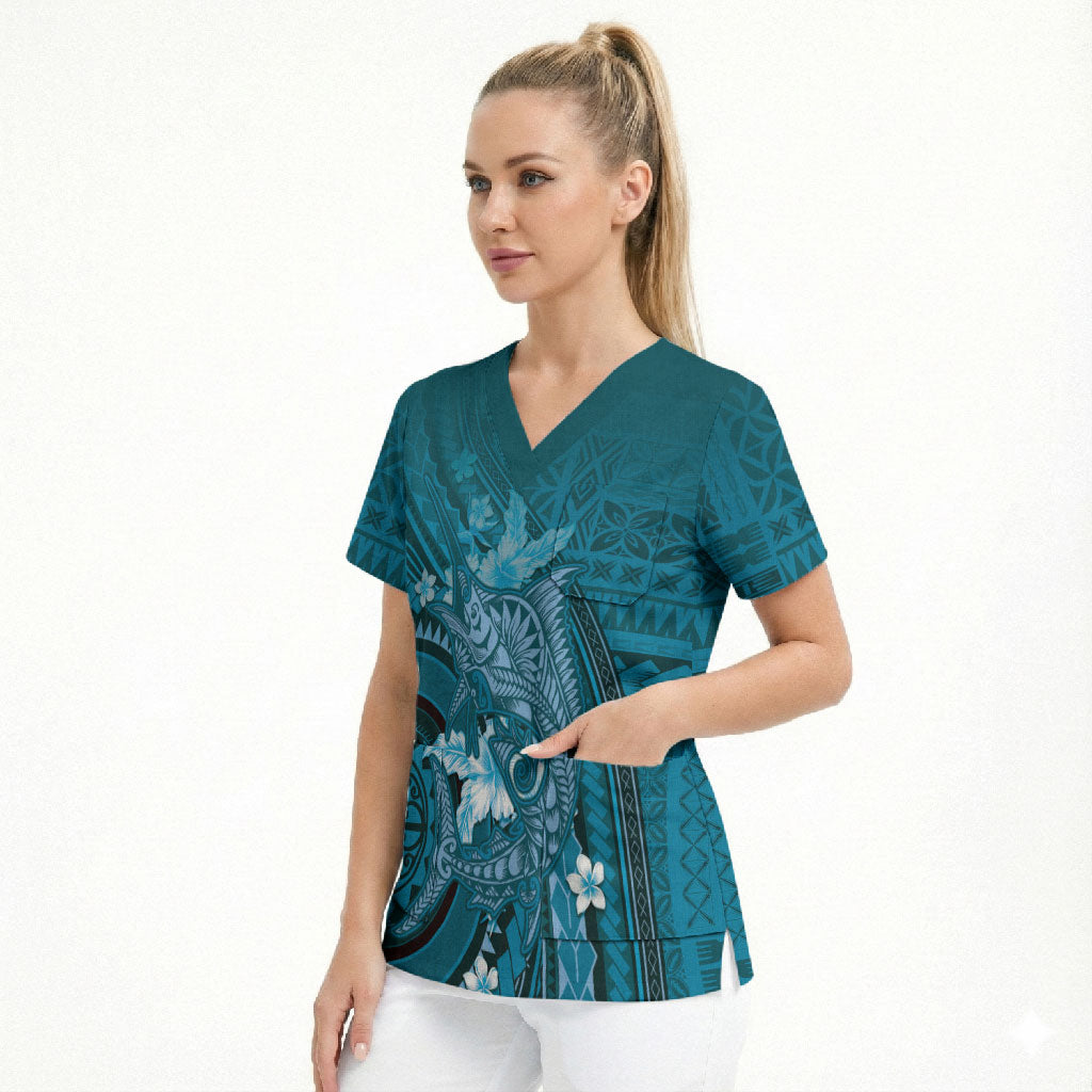 Samoa Tatau Marlin Scrub Top With Siapo Motifs Teal