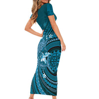 Samoa Tatau Marlin Short Sleeve Bodycon Dress With Siapo Motifs Teal LT05 - Polynesian Pride