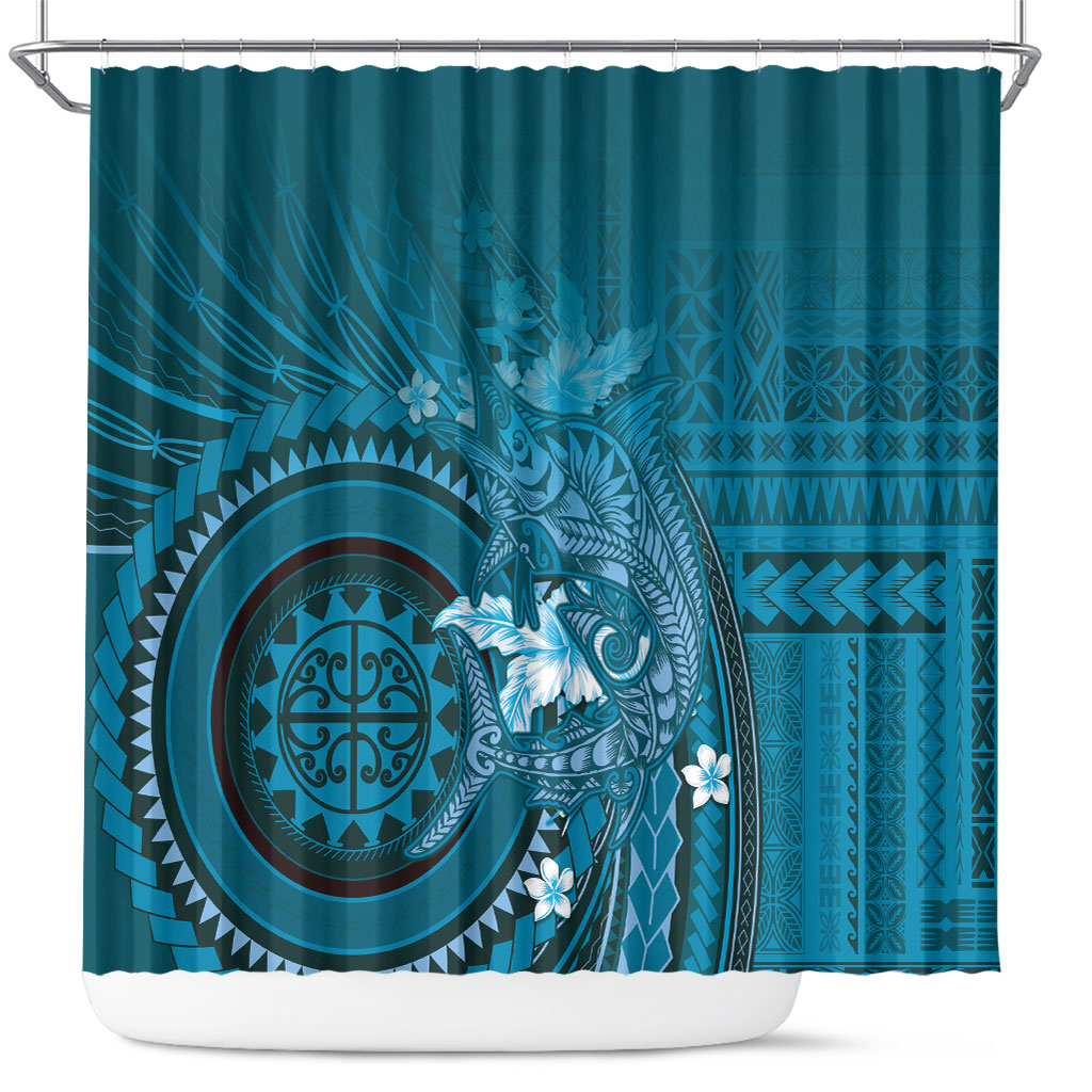 Samoa Tatau Marlin Shower Curtain With Siapo Motifs Teal LT05 Teal - Polynesian Pride
