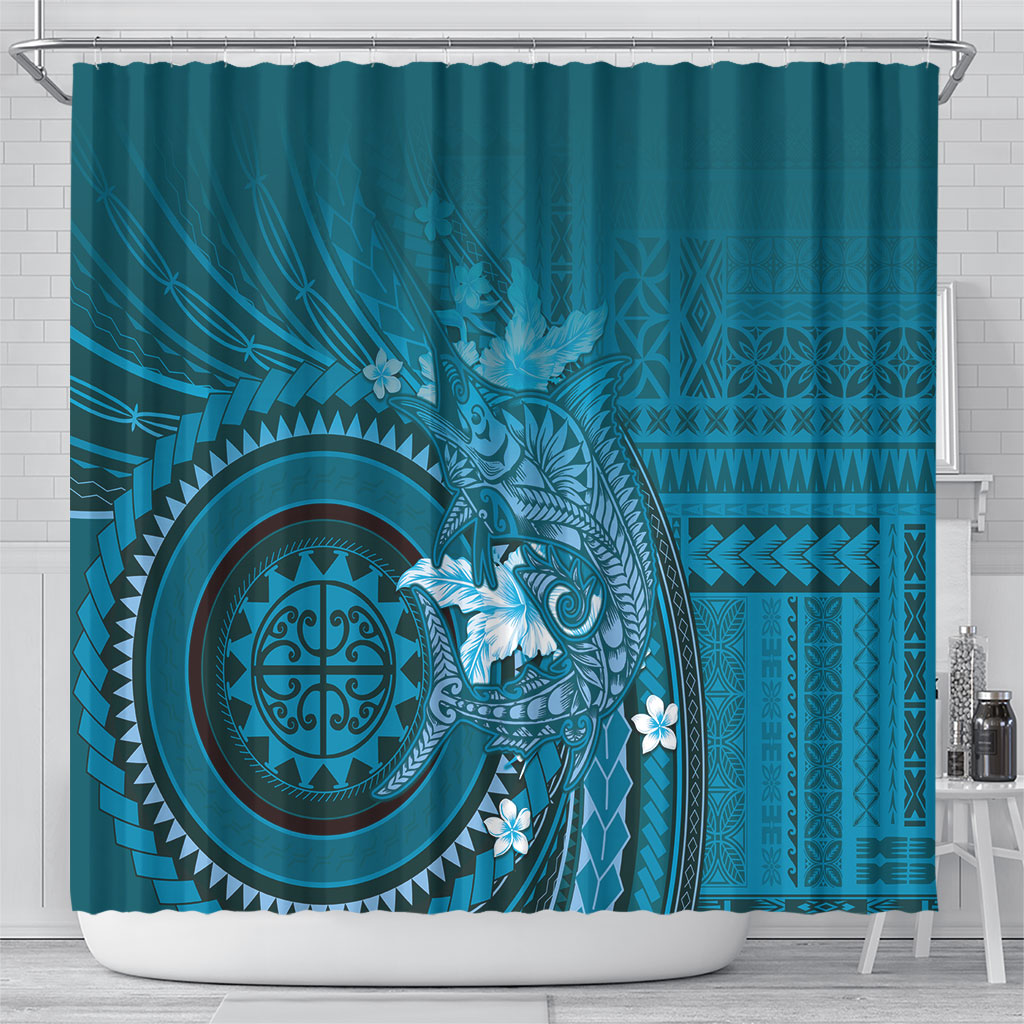 Samoa Tatau Marlin Shower Curtain With Siapo Motifs Teal LT05 - Polynesian Pride