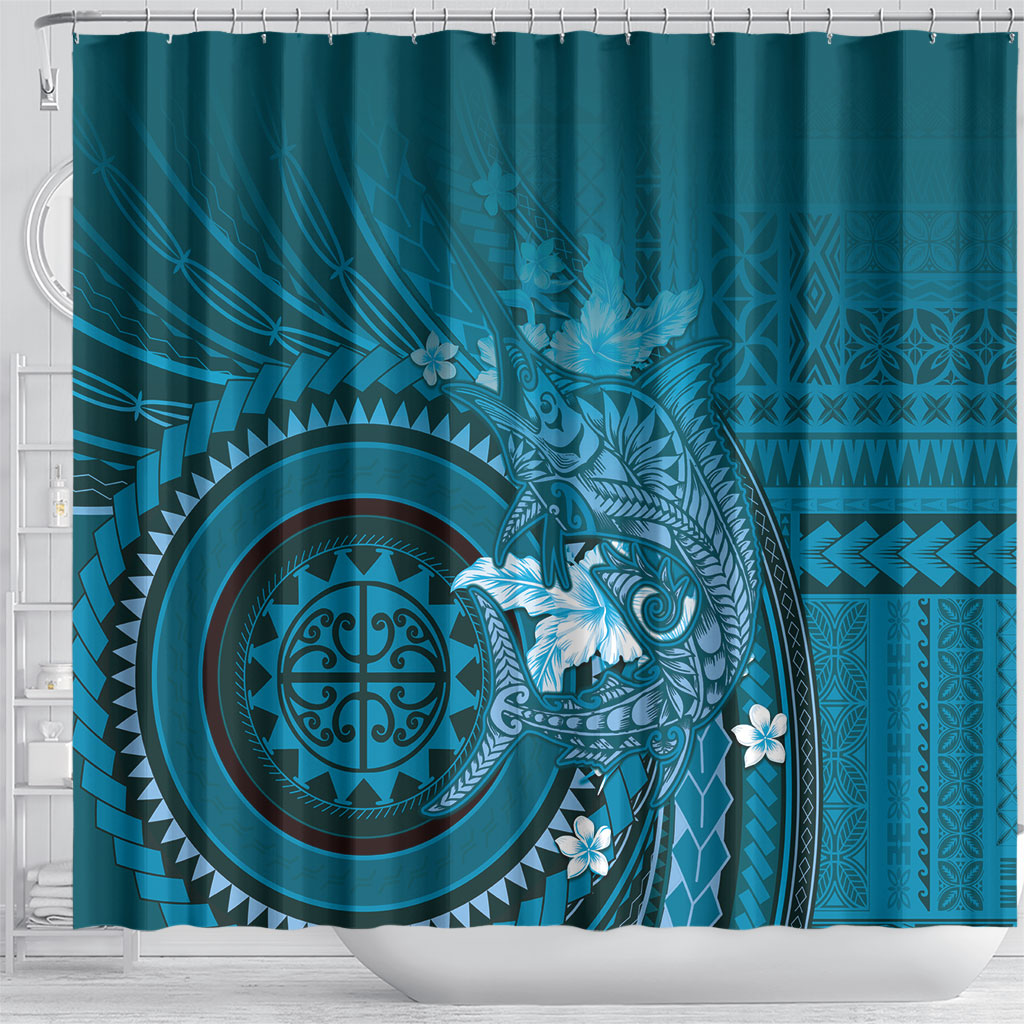 Samoa Tatau Marlin Shower Curtain With Siapo Motifs Teal LT05 - Polynesian Pride
