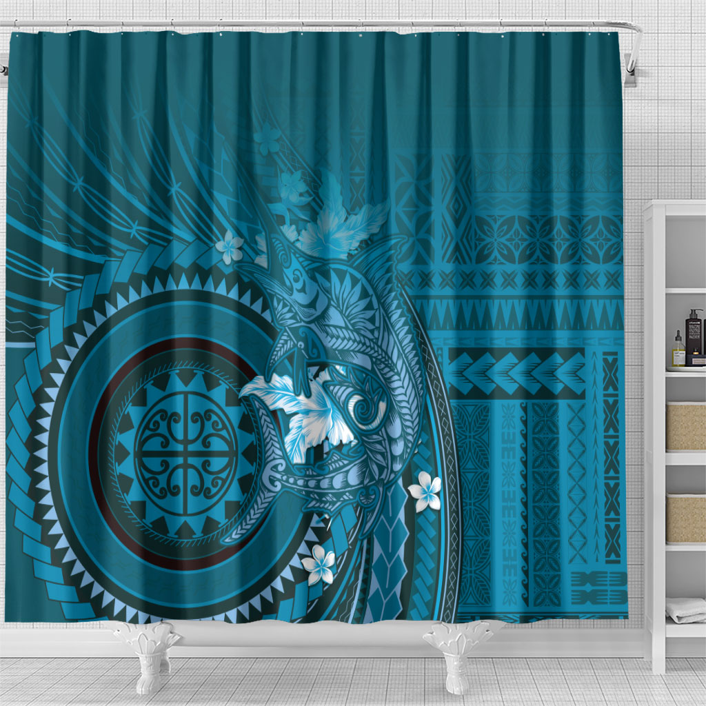 Samoa Tatau Marlin Shower Curtain With Siapo Motifs Teal LT05 - Polynesian Pride