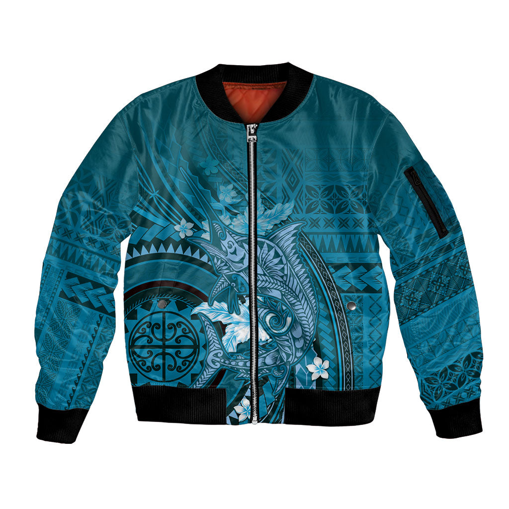 Samoa Tatau Marlin Sleeve Zip Bomber Jacket With Siapo Motifs Teal LT05 Unisex Teal - Polynesian Pride