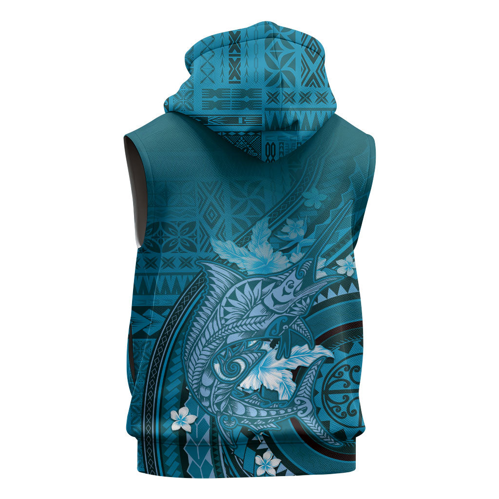 Samoa Tatau Marlin Sleeveless Hoodie With Siapo Motifs Teal LT05 - Polynesian Pride