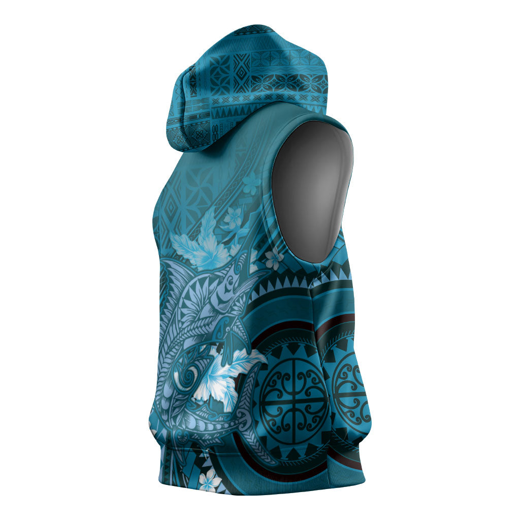 Samoa Tatau Marlin Sleeveless Hoodie With Siapo Motifs Teal LT05 - Polynesian Pride