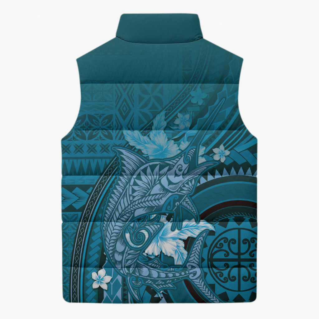 Samoa Tatau Marlin Sleeveless Puffer Jacket With Siapo Motifs Teal LT05 - Polynesian Pride