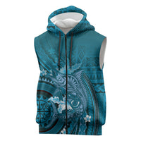 Samoa Tatau Marlin Sleeveless Zip Hoodie With Siapo Motifs Teal LT05 Teal - Polynesian Pride