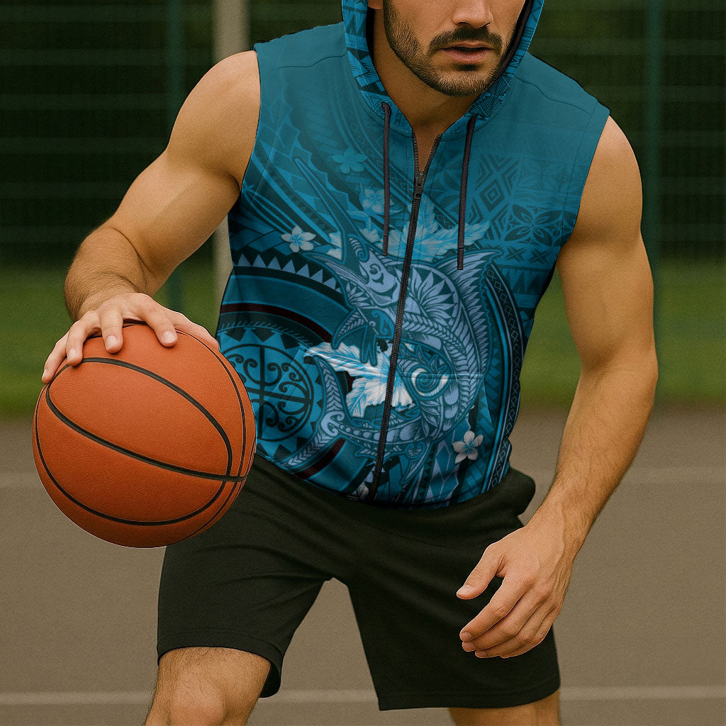 Samoa Tatau Marlin Sleeveless Zip Hoodie With Siapo Motifs Teal LT05 - Polynesian Pride
