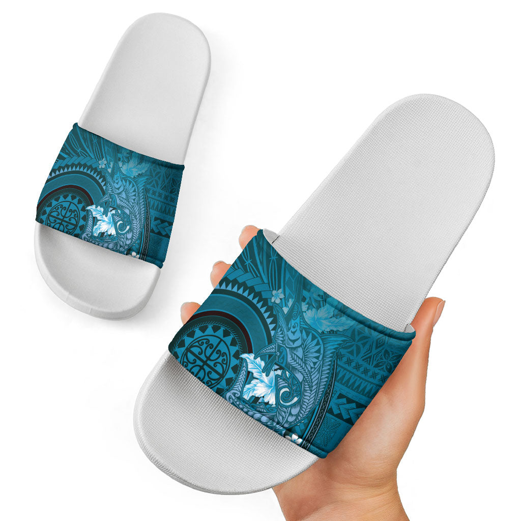 Samoa Tatau Marlin Slide Sandals With Siapo Motifs Teal LT05 - Polynesian Pride