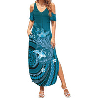 Samoa Tatau Marlin Summer Maxi Dress With Siapo Motifs Teal LT05 Women Teal - Polynesian Pride