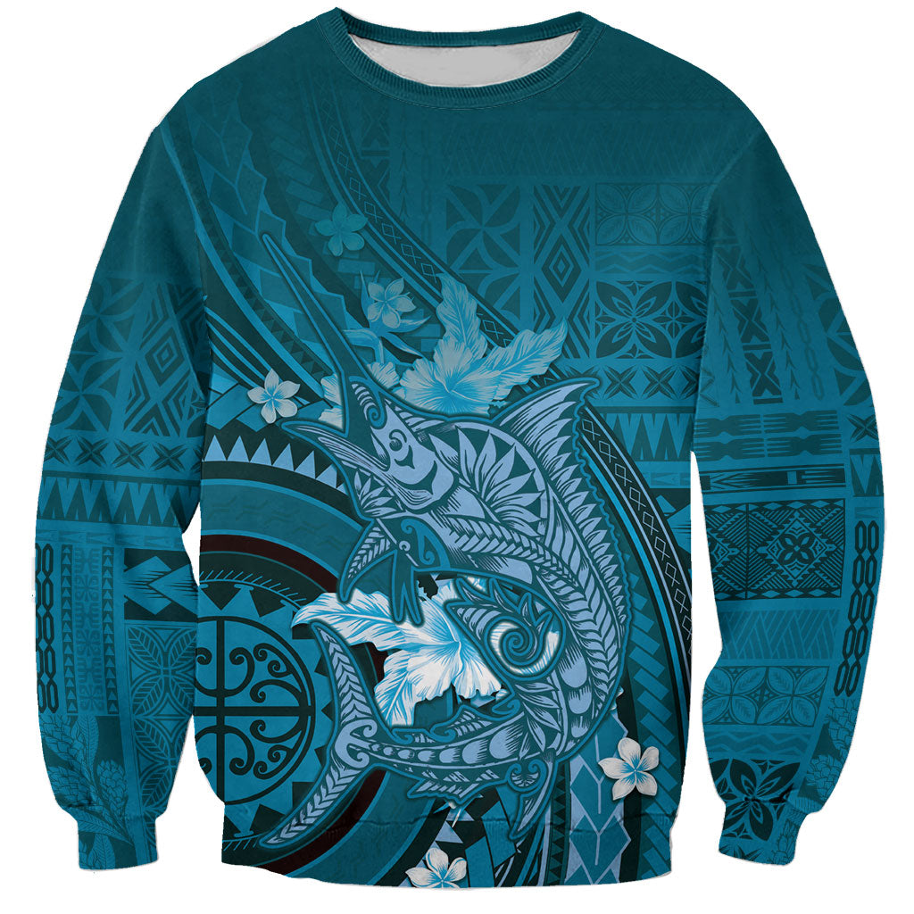Samoa Tatau Marlin Sweatshirt With Siapo Motifs Teal LT05 Unisex Teal - Polynesian Pride