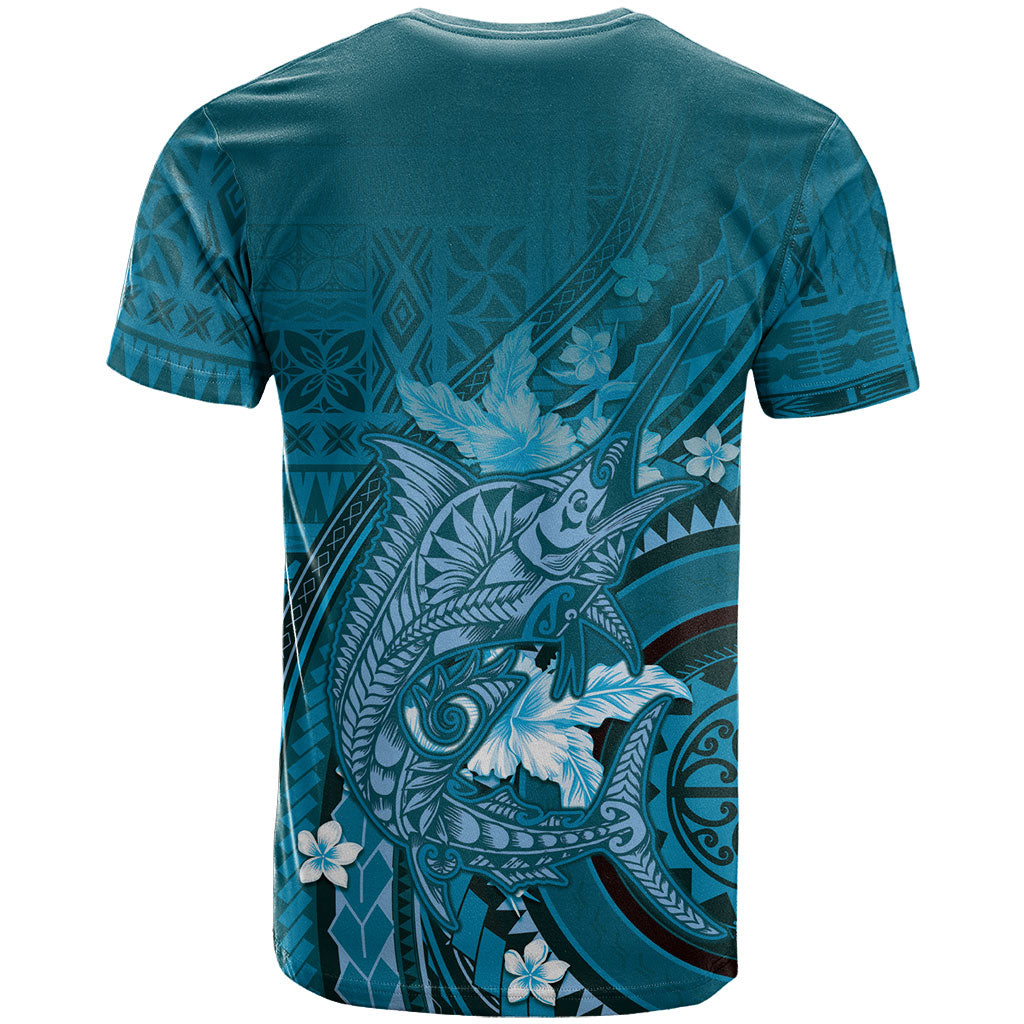 Samoa Tatau Marlin T Shirt With Siapo Motifs Teal LT05 - Polynesian Pride