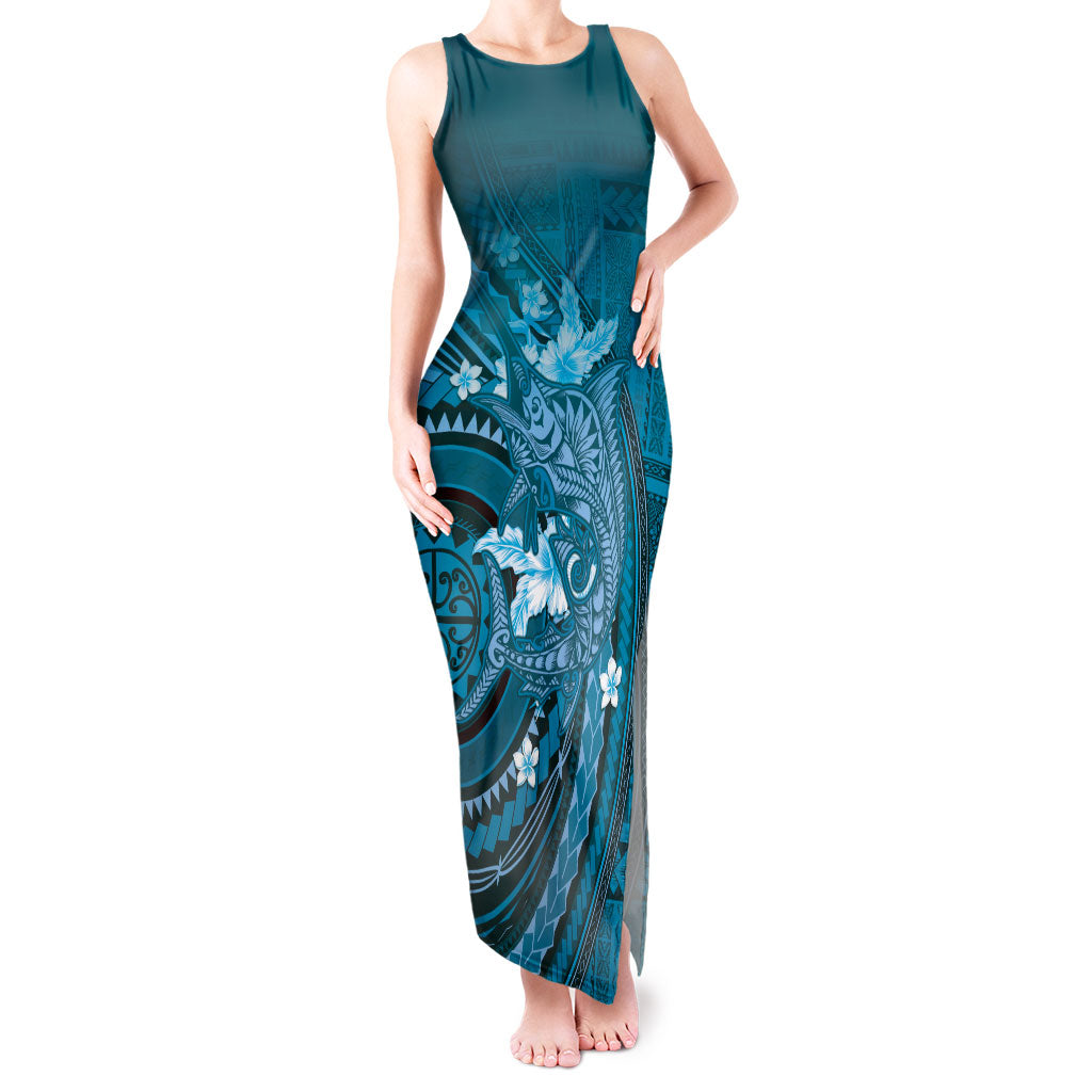 Samoa Tatau Marlin Tank Maxi Dress With Siapo Motifs Teal LT05 Women Teal - Polynesian Pride