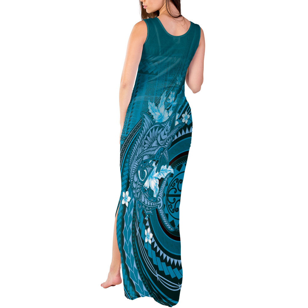 Samoa Tatau Marlin Tank Maxi Dress With Siapo Motifs Teal LT05 - Polynesian Pride