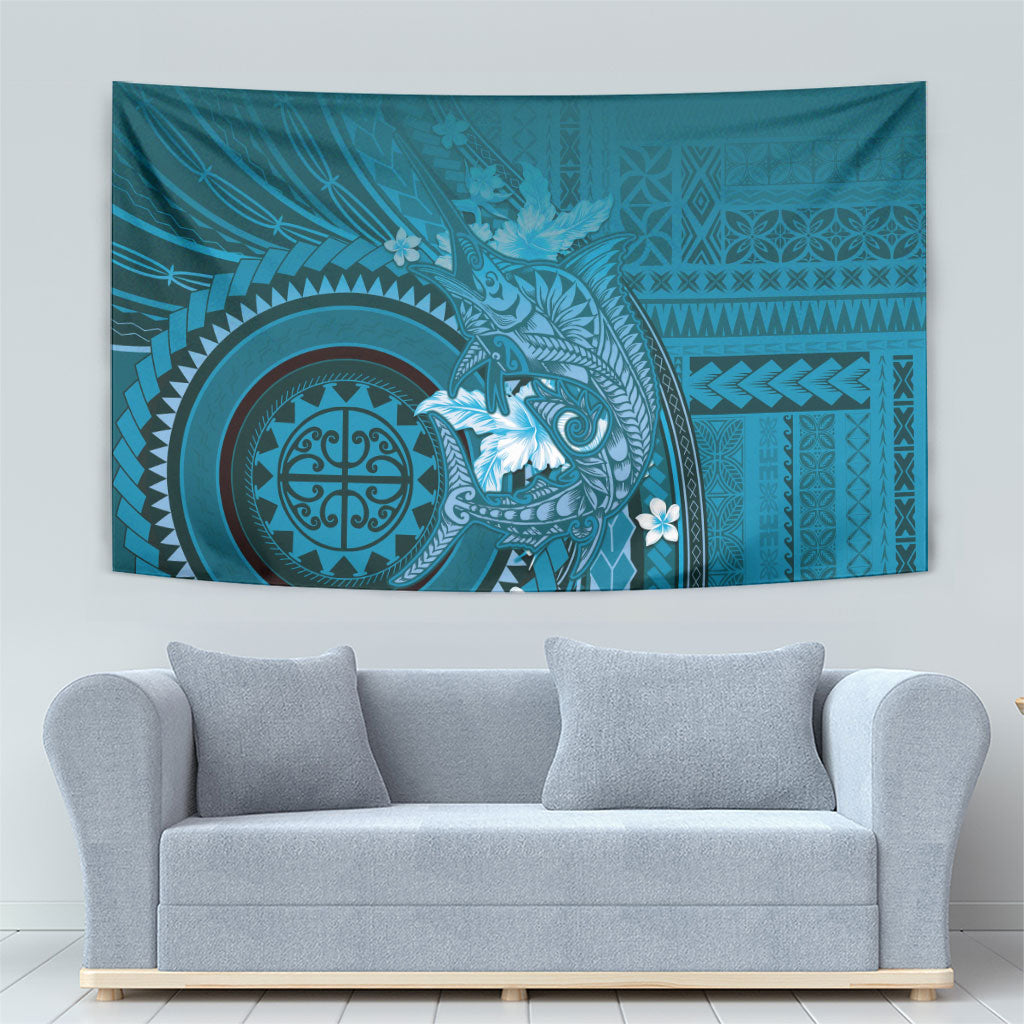 Samoa Tatau Marlin Tapestry With Siapo Motifs Teal LT05 - Polynesian Pride