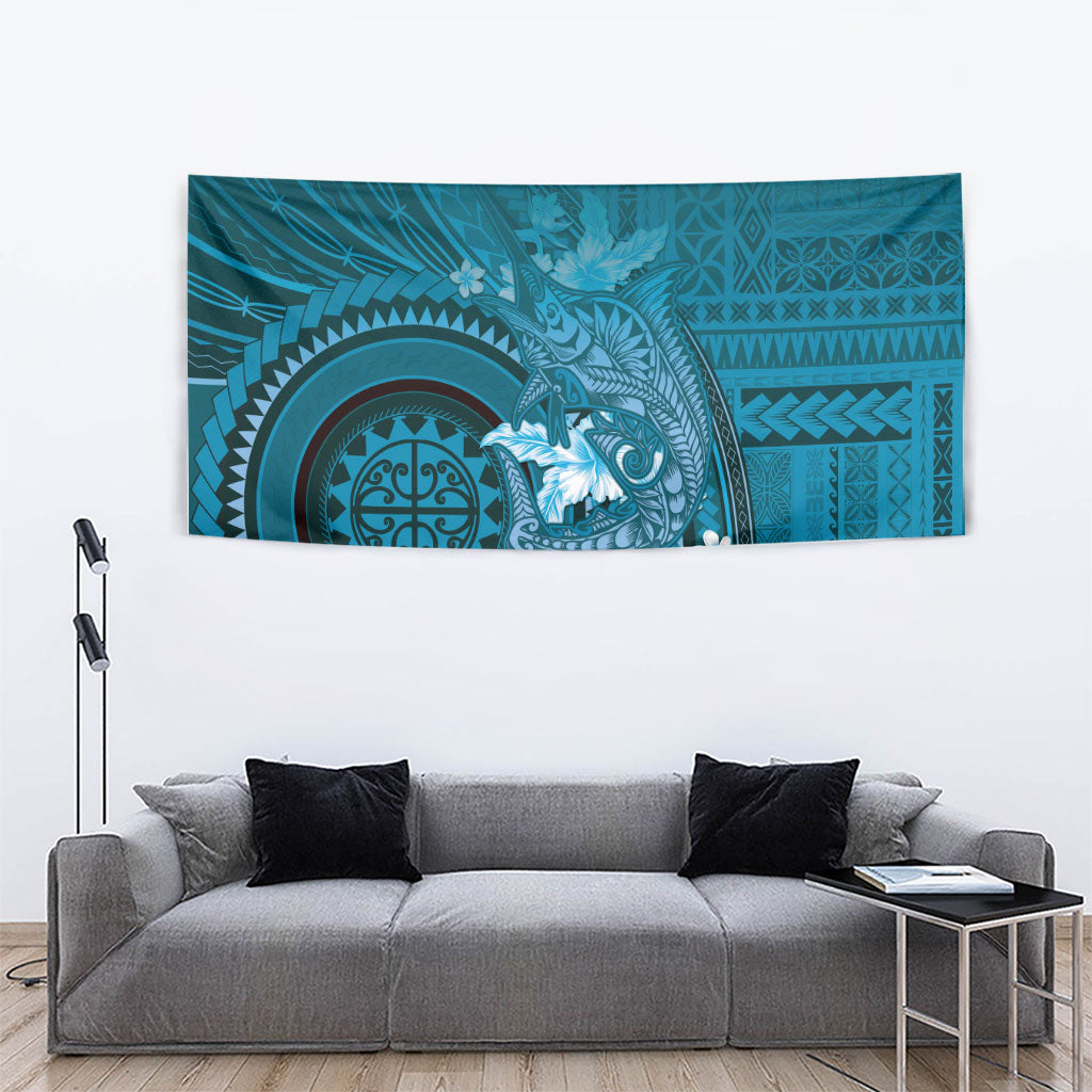 Samoa Tatau Marlin Tapestry With Siapo Motifs Teal LT05 - Polynesian Pride