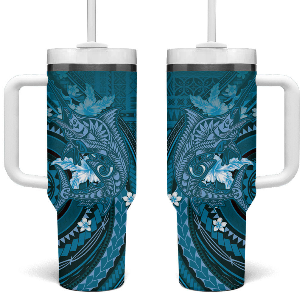 Samoa Tatau Marlin Tumbler With Handle With Siapo Motifs Teal LT05 One Size: 40 oz Teal - Polynesian Pride