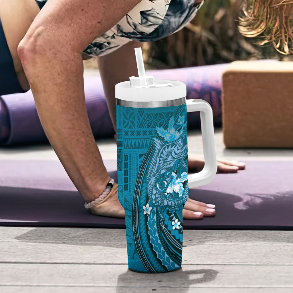Samoa Tatau Marlin Tumbler With Handle With Siapo Motifs Teal LT05 - Polynesian Pride