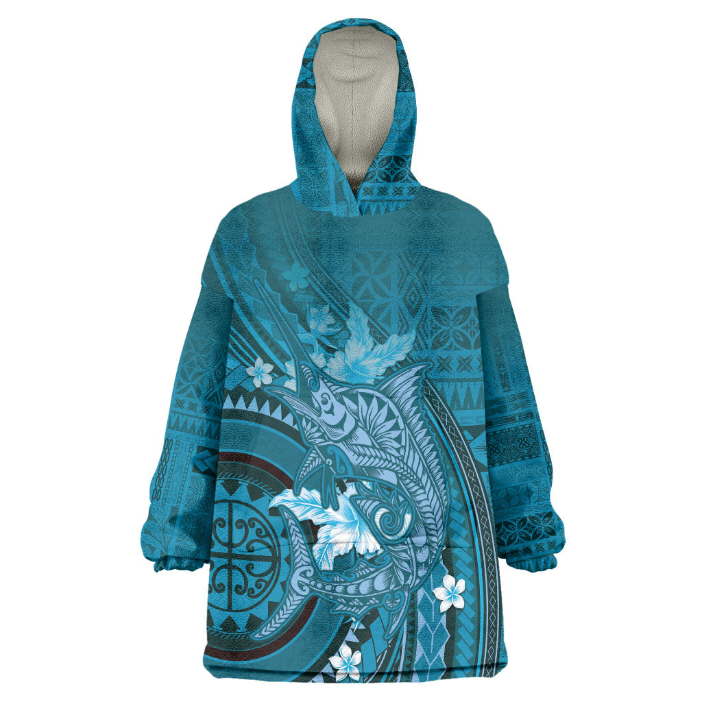 Samoa Tatau Marlin Wearable Blanket Hoodie With Siapo Motifs Teal LT05 One Size Teal - Polynesian Pride