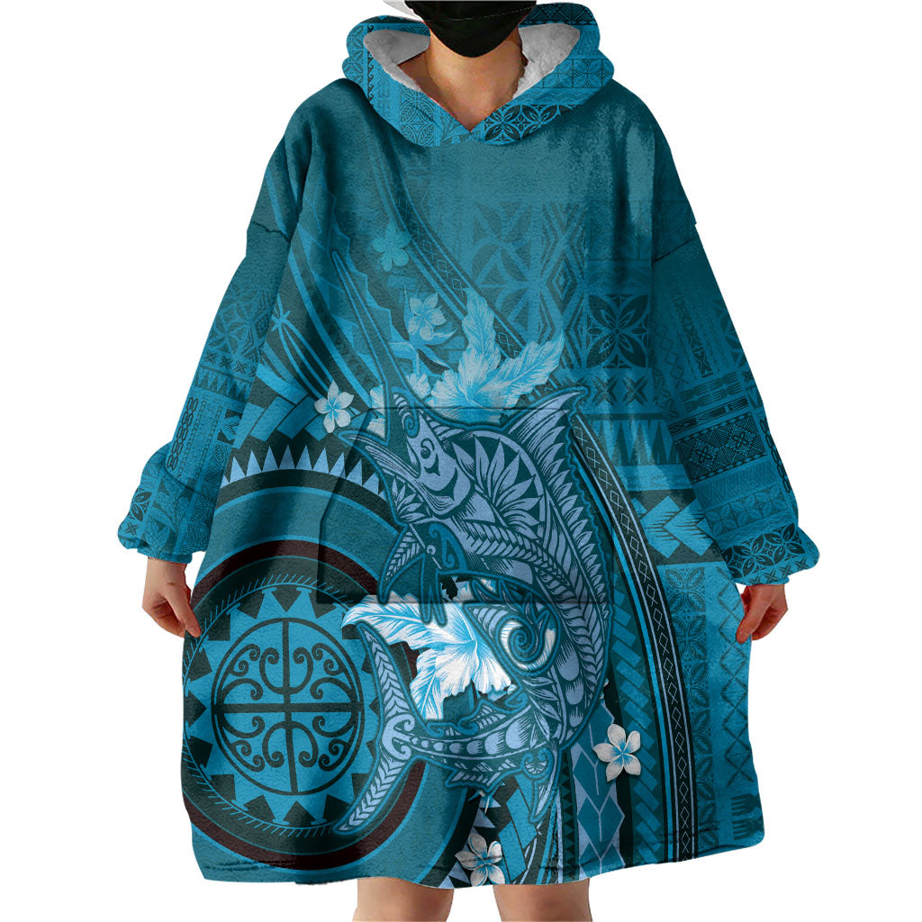 Samoa Tatau Marlin Wearable Blanket Hoodie With Siapo Motifs Teal LT05 - Polynesian Pride