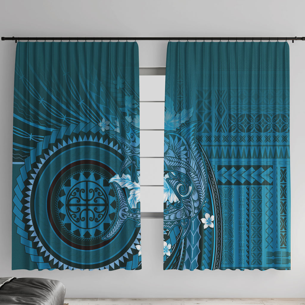 Samoa Tatau Marlin Window Curtain With Siapo Motifs Teal LT05 With Hooks Teal - Polynesian Pride
