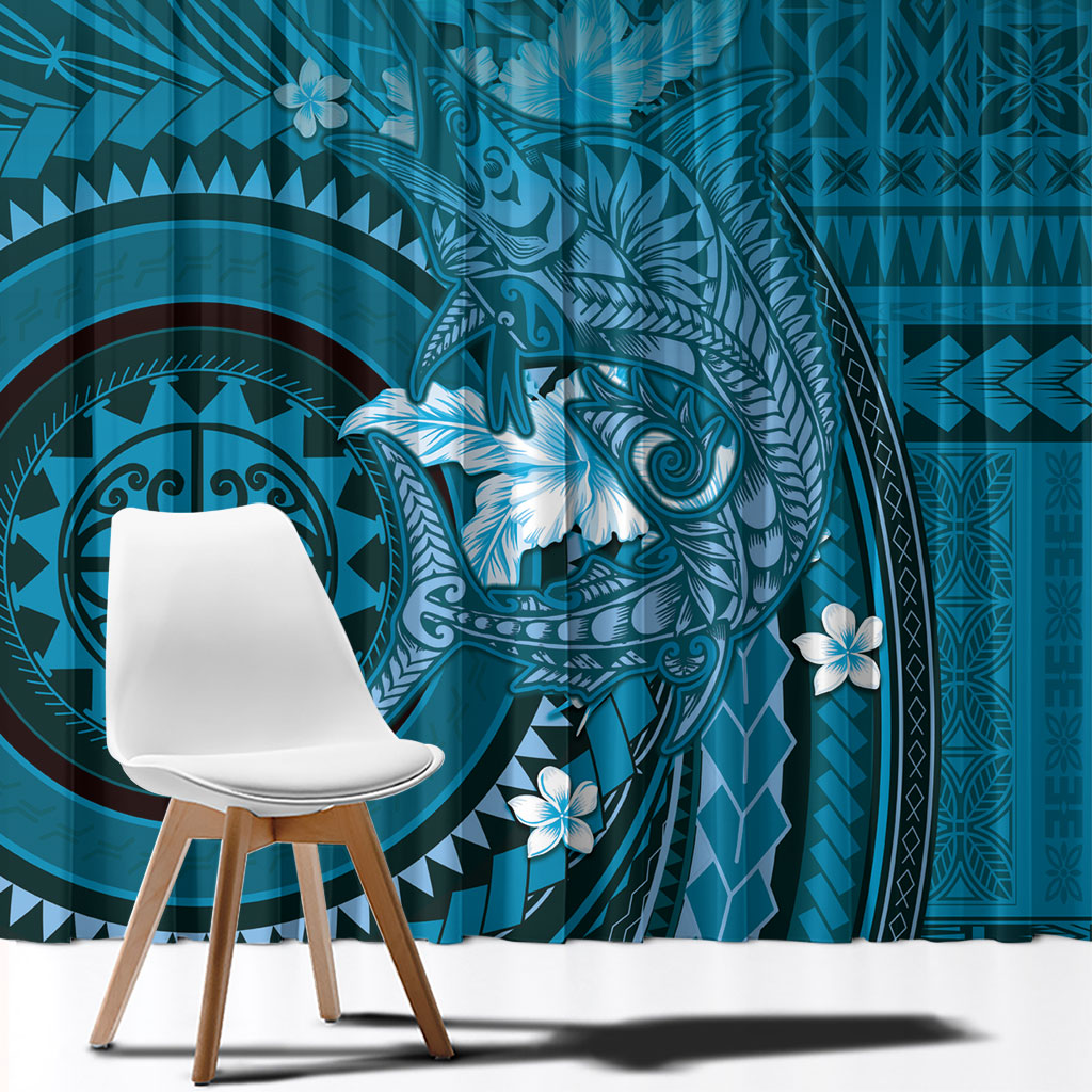 Samoa Tatau Marlin Window Curtain With Siapo Motifs Teal LT05 - Polynesian Pride