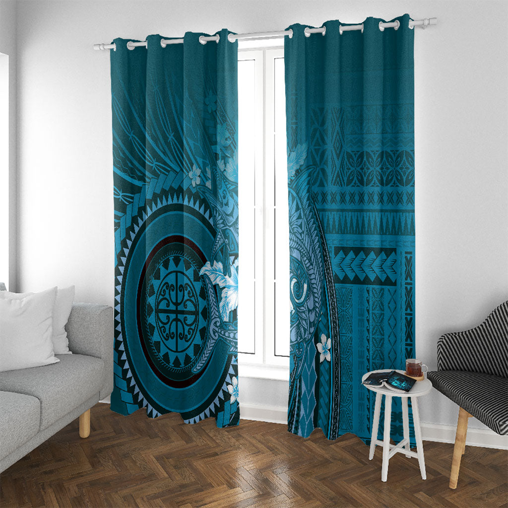 Samoa Tatau Marlin Window Curtain With Siapo Motifs Teal LT05 With Grommets Teal - Polynesian Pride