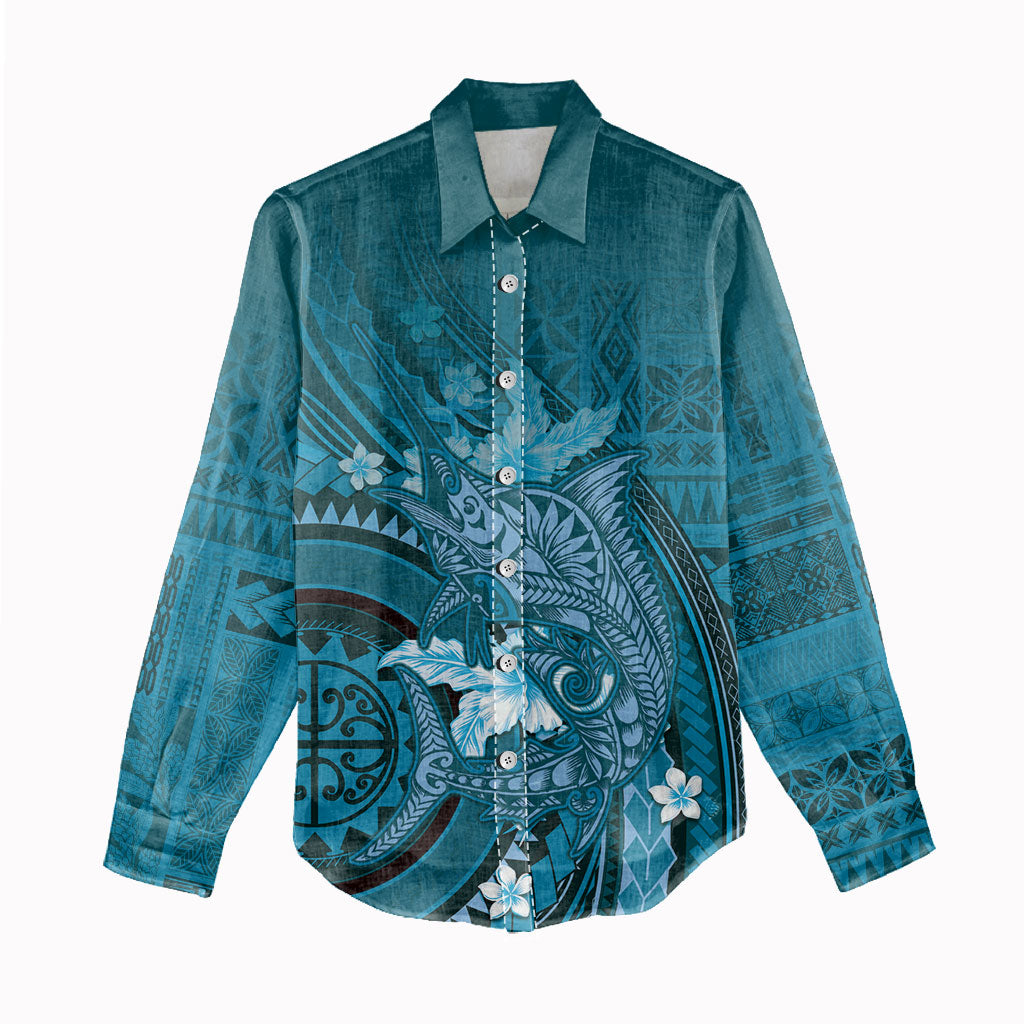 Samoa Tatau Marlin Women Casual Shirt With Siapo Motifs Teal LT05 - Polynesian Pride