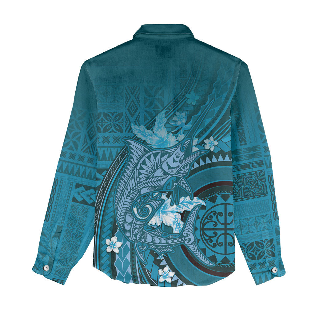 Samoa Tatau Marlin Women Casual Shirt With Siapo Motifs Teal LT05 - Polynesian Pride
