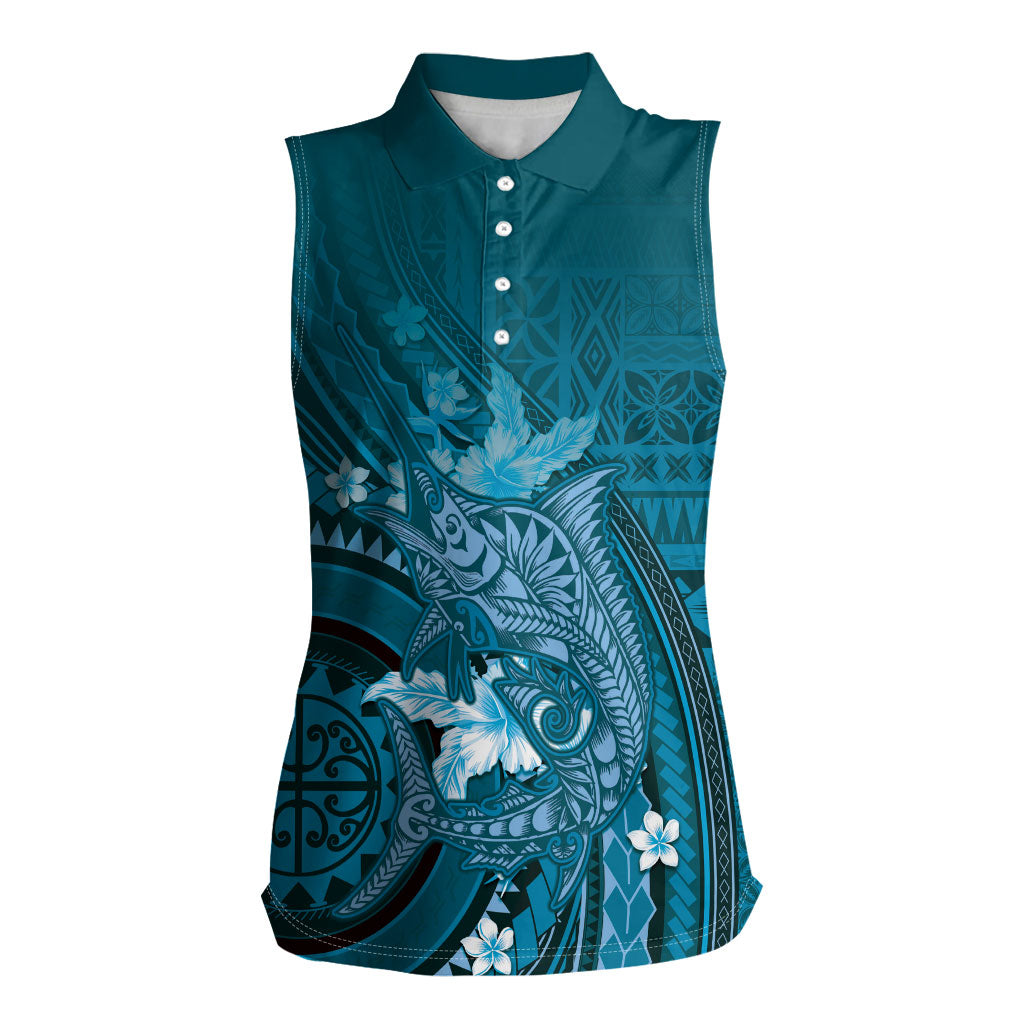 Samoa Tatau Marlin Women Sleeveless Polo Shirt With Siapo Motifs Teal LT05 Female Teal - Polynesian Pride