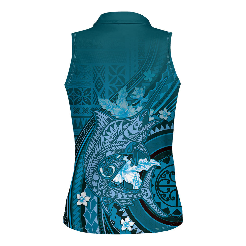 Samoa Tatau Marlin Women Sleeveless Polo Shirt With Siapo Motifs Teal LT05 - Polynesian Pride