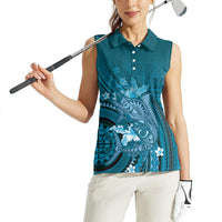 Samoa Tatau Marlin Women Sleeveless Polo Shirt With Siapo Motifs Teal LT05 - Polynesian Pride