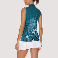 Samoa Tatau Marlin Women Sleeveless Polo Shirt With Siapo Motifs Teal LT05 - Polynesian Pride