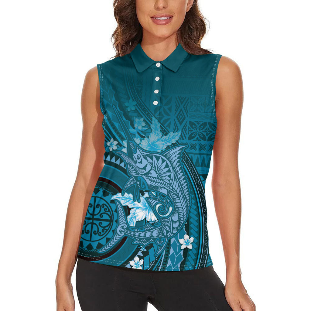 Samoa Tatau Marlin Women Sleeveless Polo Shirt With Siapo Motifs Teal LT05 - Polynesian Pride