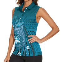 Samoa Tatau Marlin Women Sleeveless Polo Shirt With Siapo Motifs Teal LT05 - Polynesian Pride